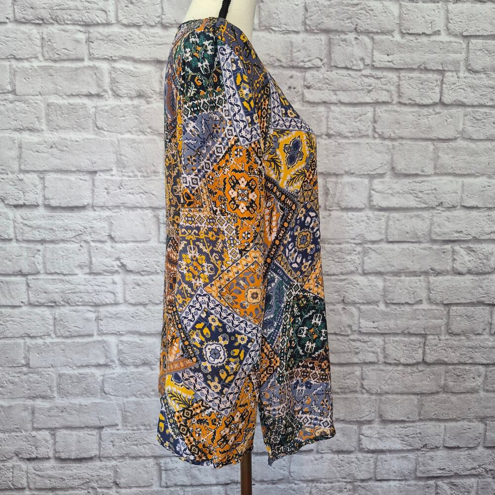 Tolani Simone Mosaic Patchwork V-Neck Tunic Blouse Top Boho 100% silk Size L - Picture 6 of 11